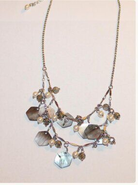 Lia Sophia Key West Double Strand Necklace Mother of Pearl Silver Tone Chain